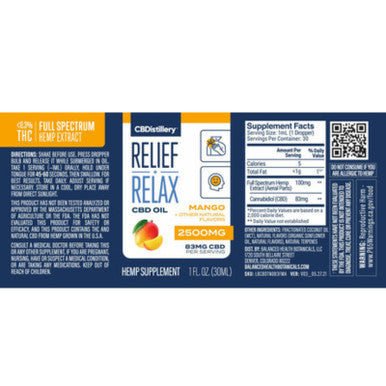 CBDistillery - CBD Oil - Relief + Relax Full Spectrum Tincture - Mango - 2500mg